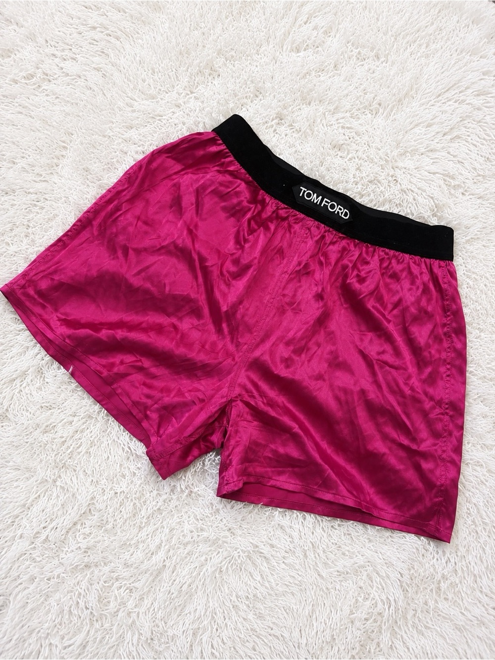 Tom Ford Hot Pink Satin Athletic Shorts with Black Waistband